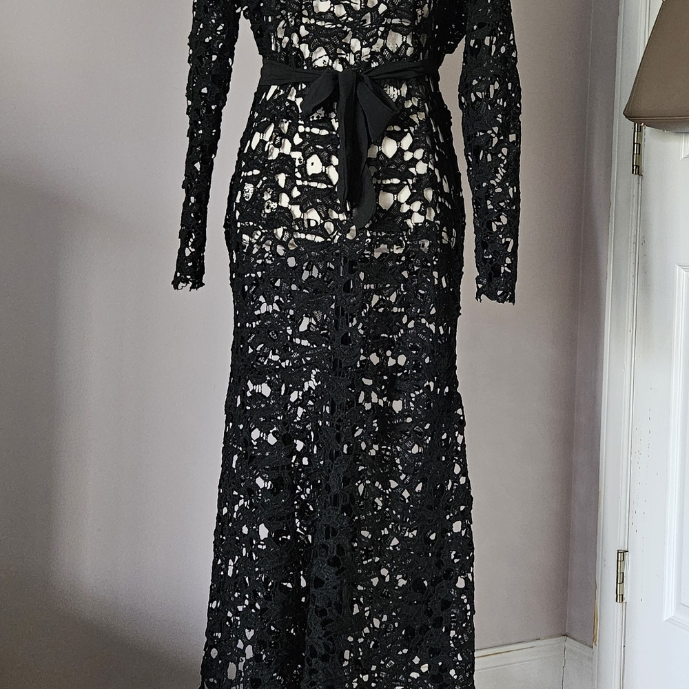 Black Crochet Long Sleeve Maxi Dress with Waist Tie